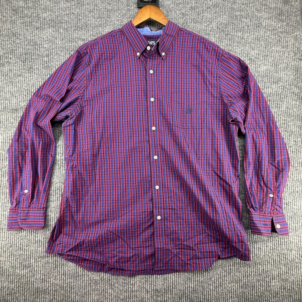 Chaps Button Down Shirt Mens XL Blue‎ Red Excellent Plaid Stretch Easy Care